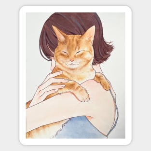 woman with her cat Sticker